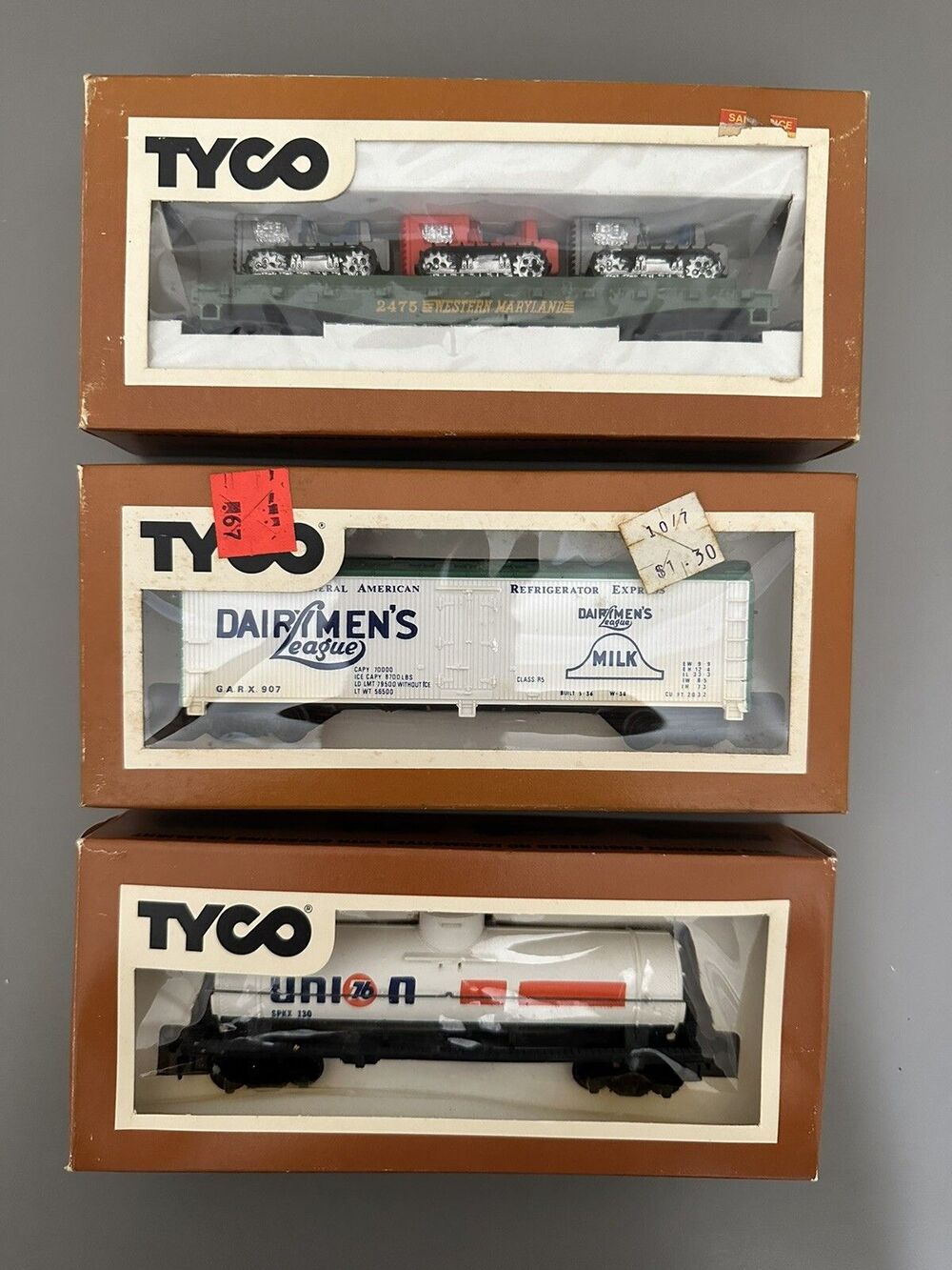 Lot Of 3 Vintage Tyco Caboose Union Dairymen League Skid Flat W/ Tractor